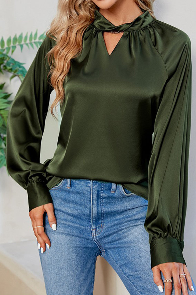 LOOSE FIT KEYHOLE NECK BUTTON CUFF GLOSSY BLOUSE