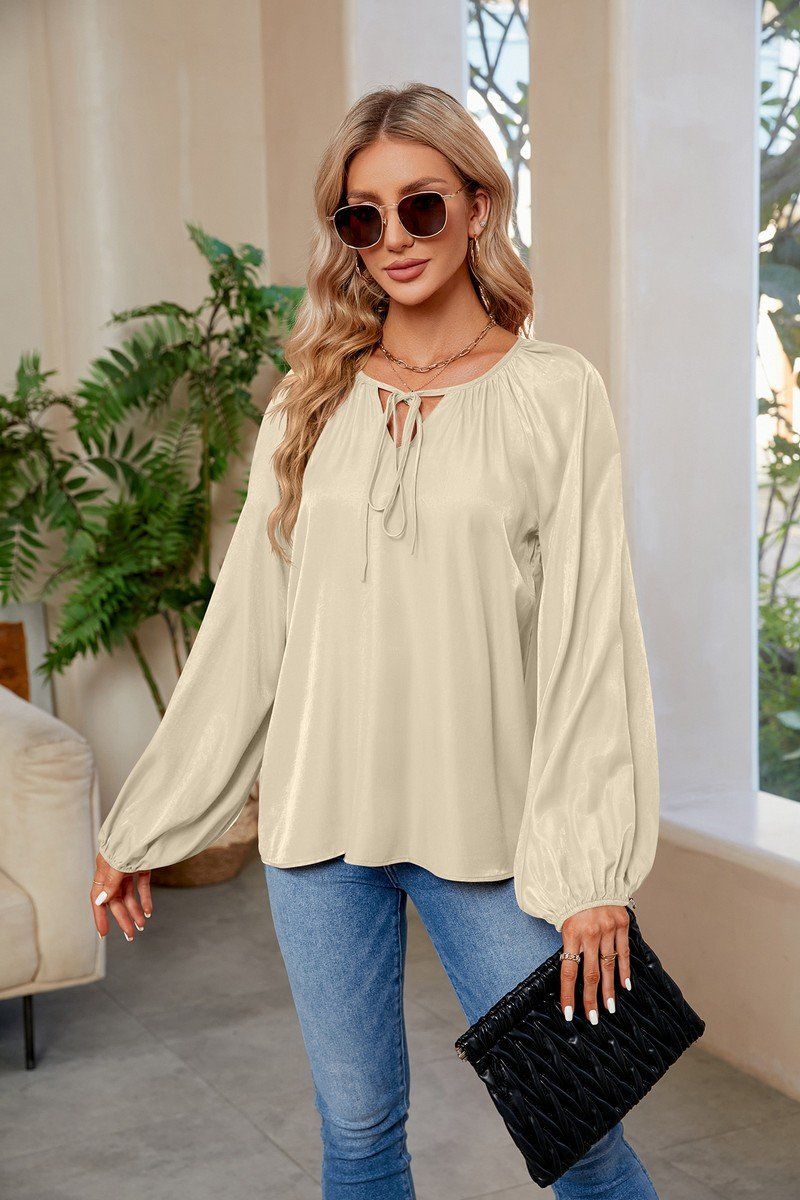 WOMEN OVERSIZED BOYFRIEND TIED NECK COZY BLOUSE