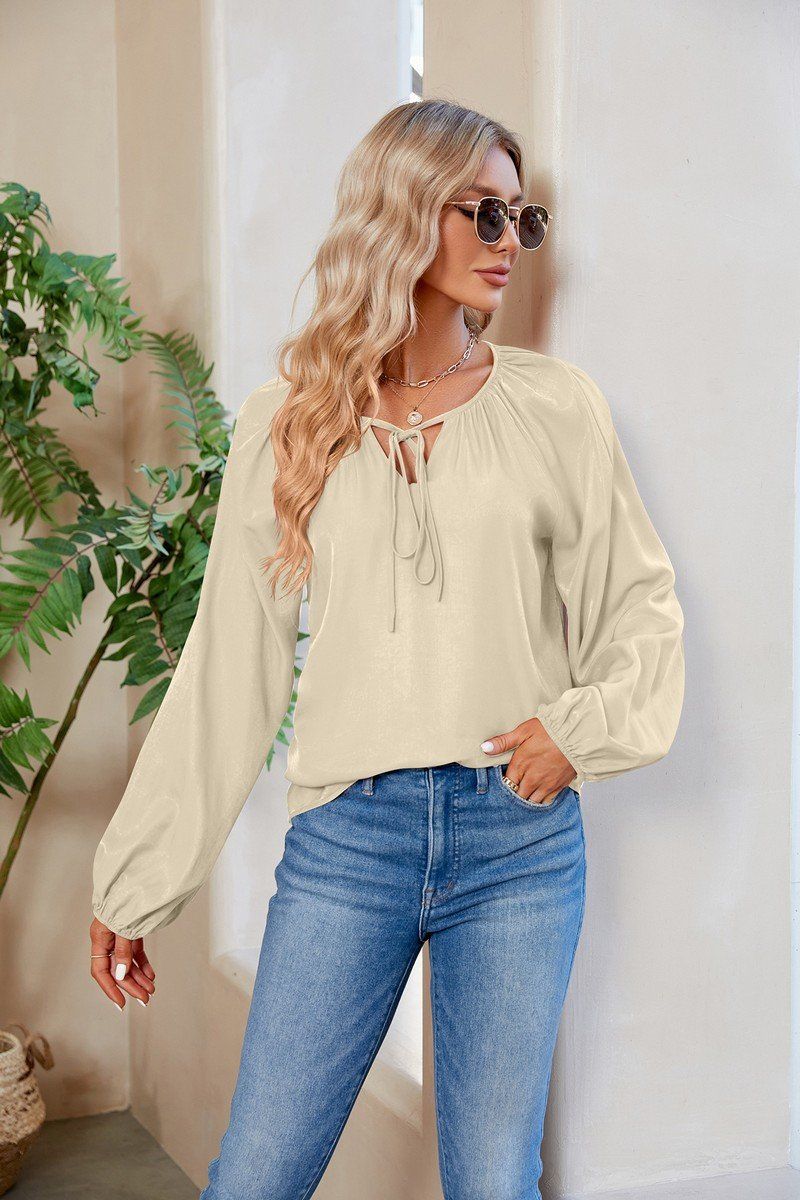 WOMEN OVERSIZED BOYFRIEND TIED NECK COZY BLOUSE