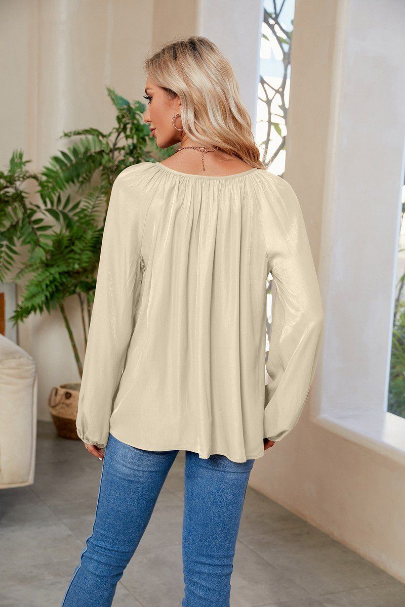 WOMEN OVERSIZED BOYFRIEND TIED NECK COZY BLOUSE