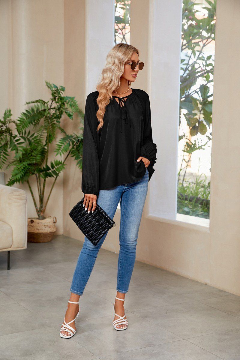 WOMEN OVERSIZED BOYFRIEND TIED NECK COZY BLOUSE