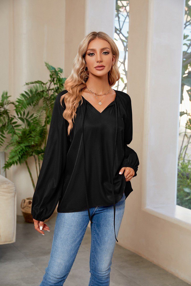 WOMEN OVERSIZED BOYFRIEND TIED NECK COZY BLOUSE