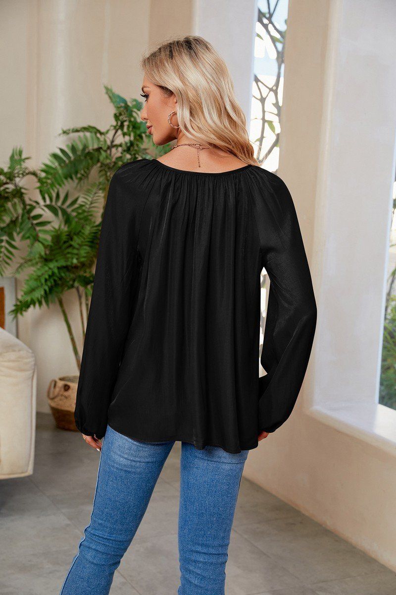 WOMEN OVERSIZED BOYFRIEND TIED NECK COZY BLOUSE