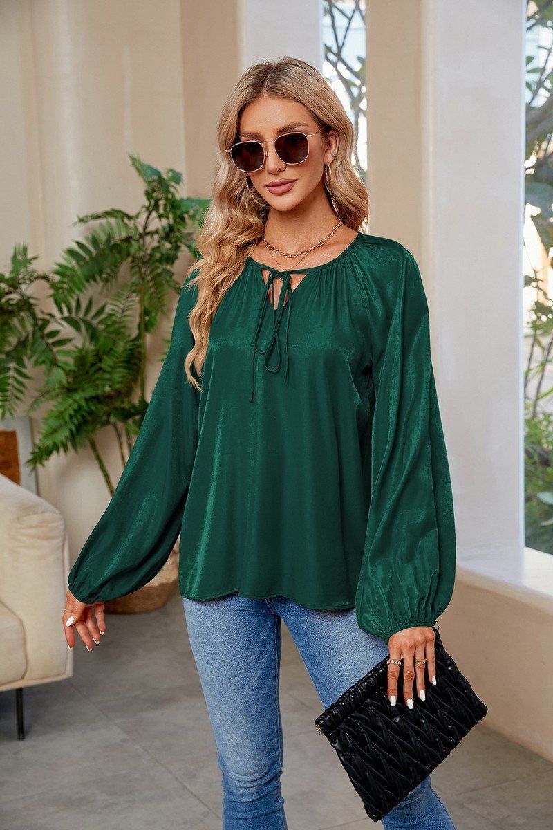 WOMEN OVERSIZED BOYFRIEND TIED NECK COZY BLOUSE