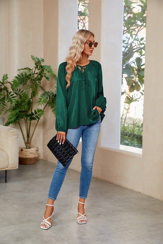 WOMEN OVERSIZED BOYFRIEND TIED NECK COZY BLOUSE