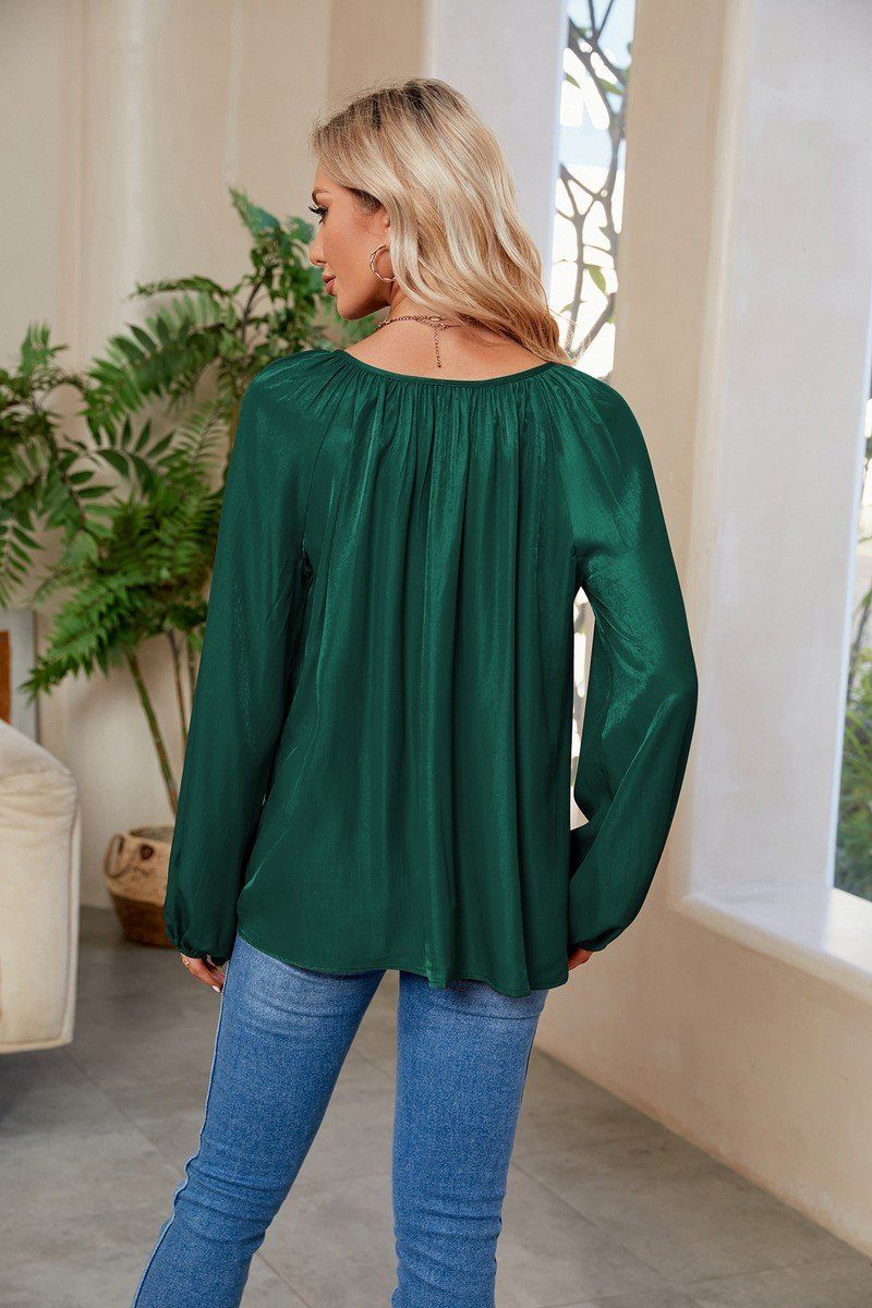 WOMEN OVERSIZED BOYFRIEND TIED NECK COZY BLOUSE