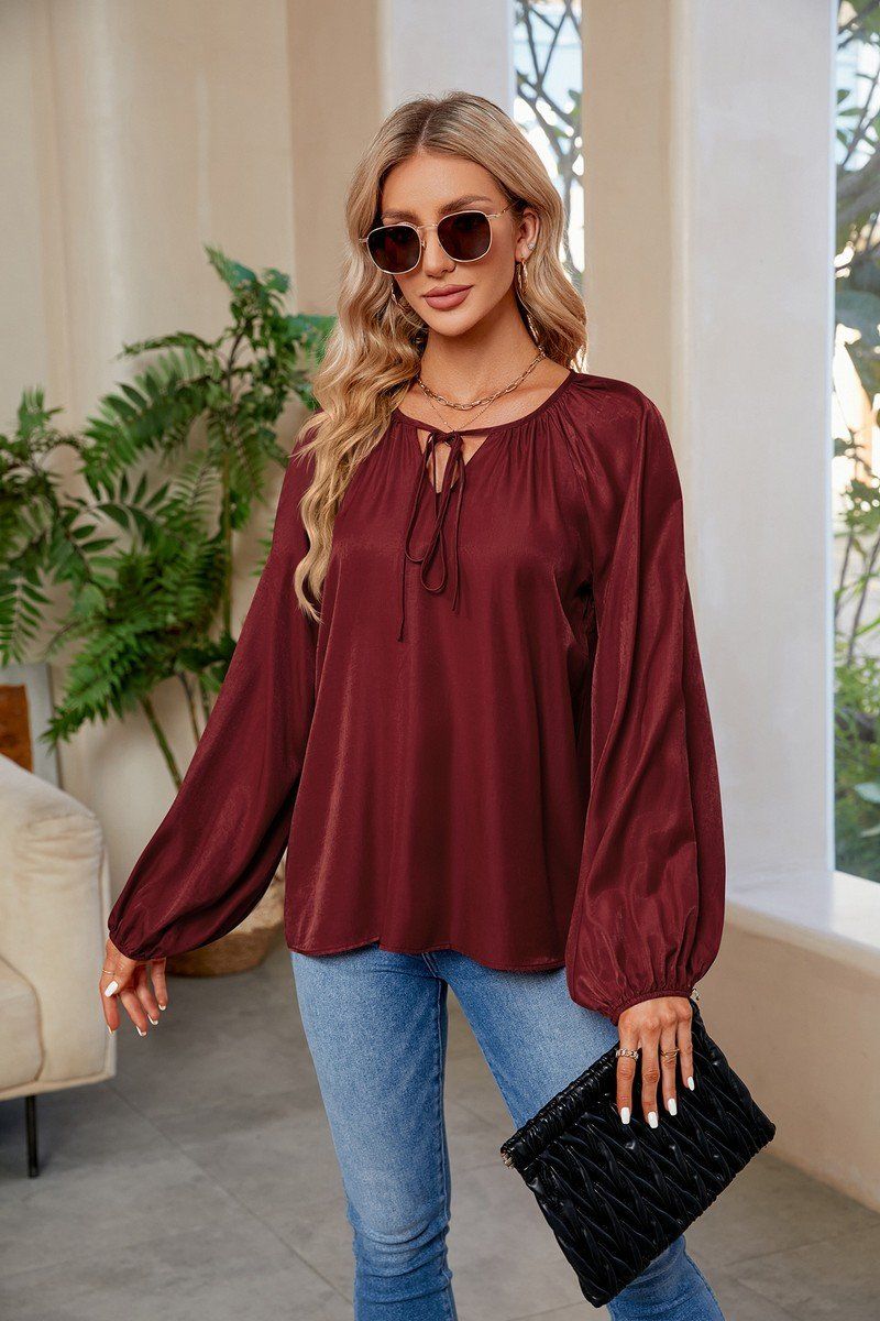 WOMEN OVERSIZED BOYFRIEND TIED NECK COZY BLOUSE