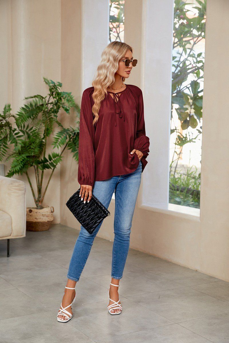 WOMEN OVERSIZED BOYFRIEND TIED NECK COZY BLOUSE