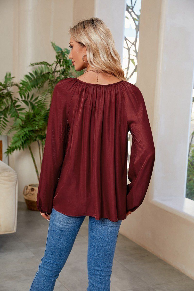 WOMEN OVERSIZED BOYFRIEND TIED NECK COZY BLOUSE