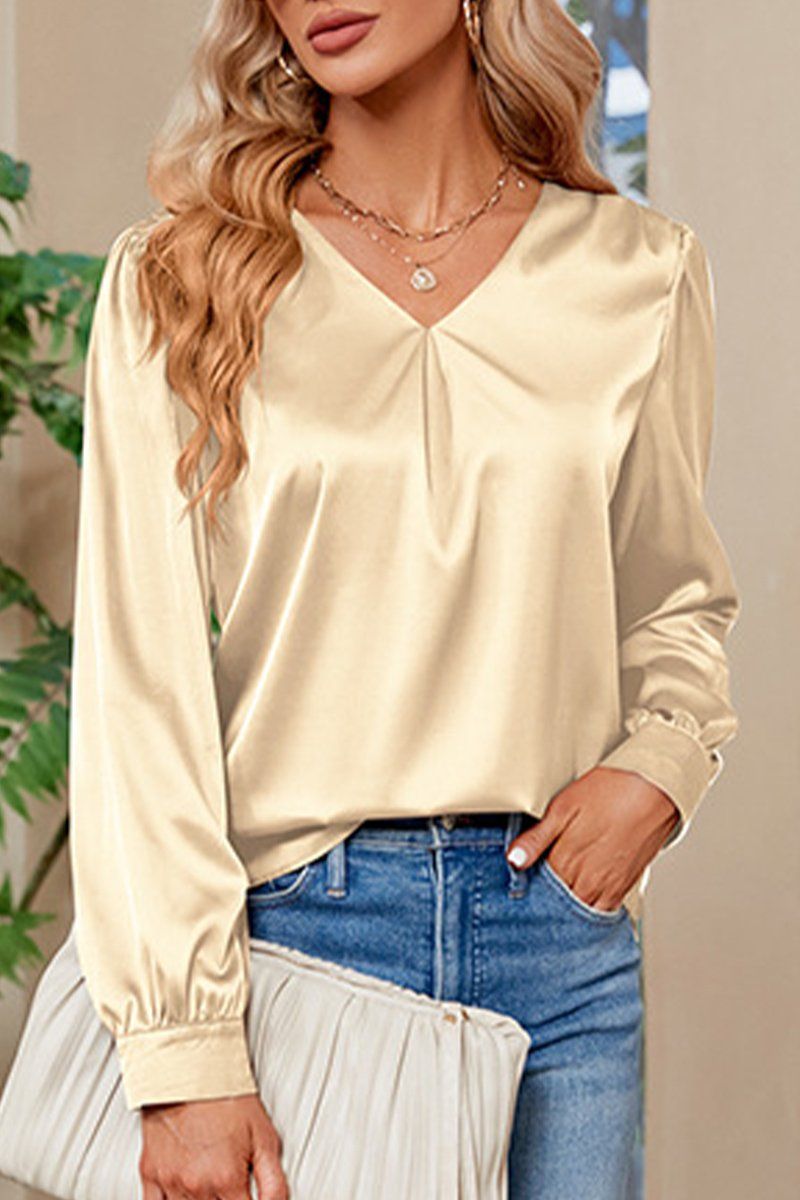 WOMEN V NECK FITTED CUFF GLOSSY BLOUSE TOP