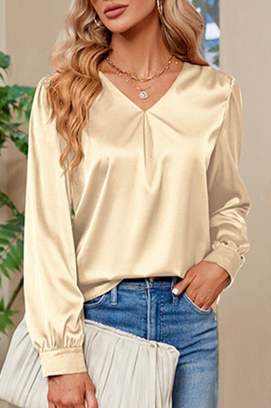 WOMEN V NECK FITTED CUFF GLOSSY BLOUSE TOP