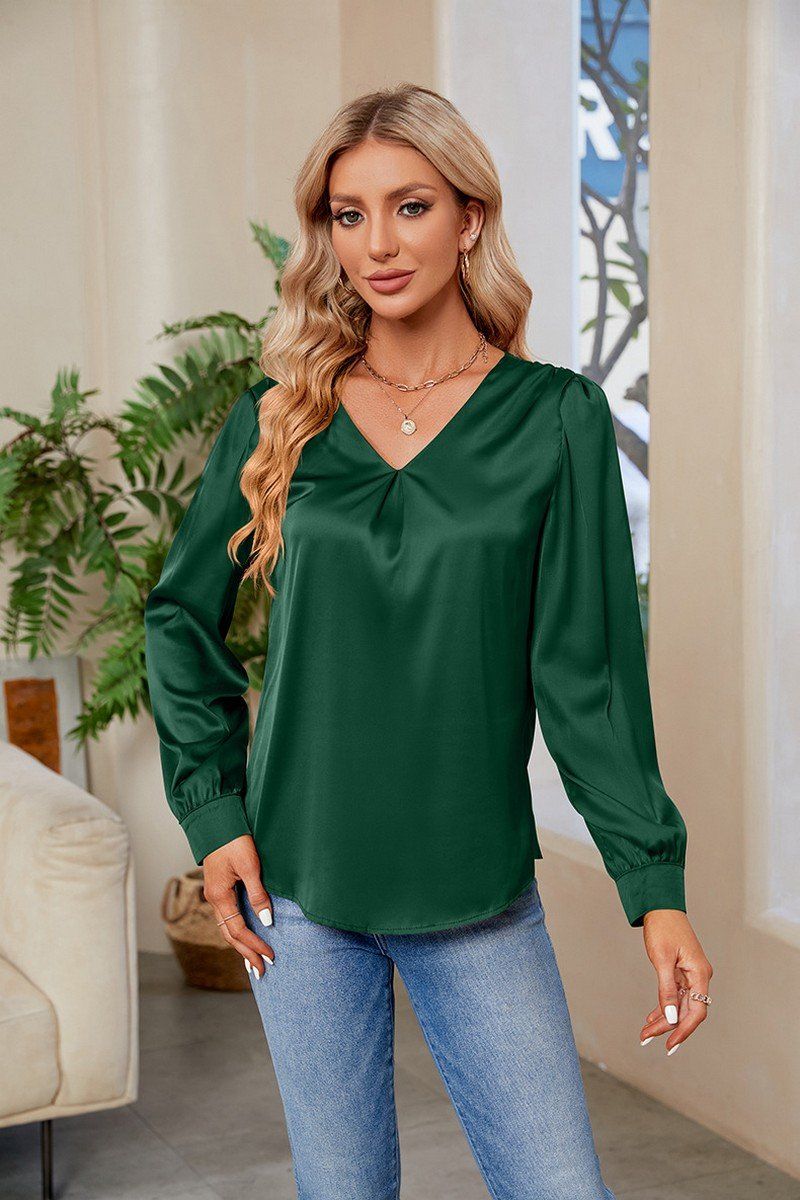 WOMEN V NECK FITTED CUFF GLOSSY BLOUSE TOP