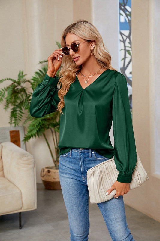 WOMEN V NECK FITTED CUFF GLOSSY BLOUSE TOP