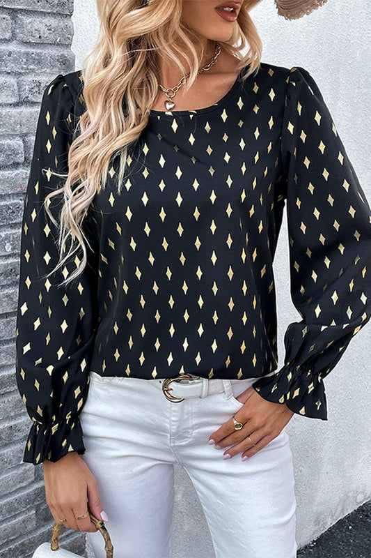 WOMEN BLACK DIAMOND PATTERN FLOUNCE CUFF BLOUSE