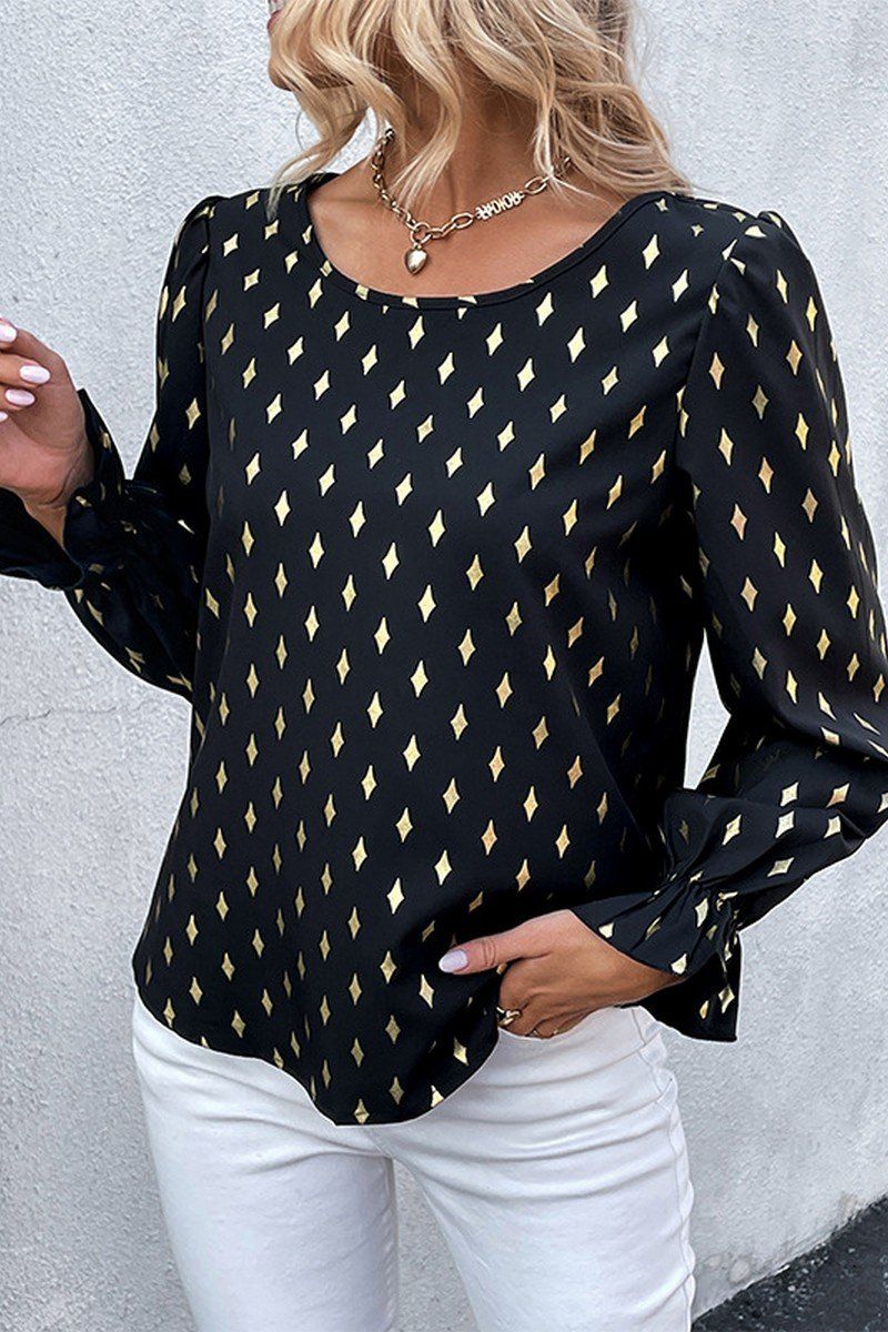 WOMEN BLACK DIAMOND PATTERN FLOUNCE CUFF BLOUSE