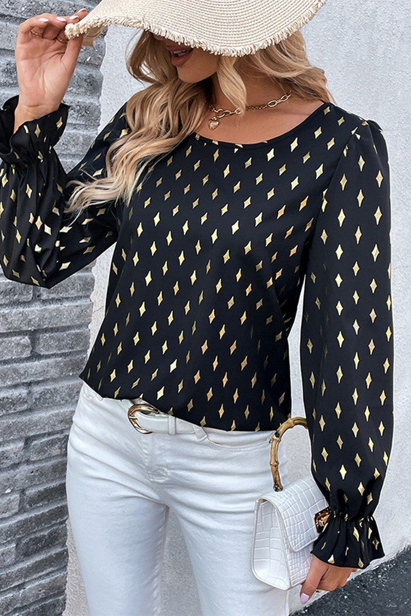 WOMEN BLACK DIAMOND PATTERN FLOUNCE CUFF BLOUSE