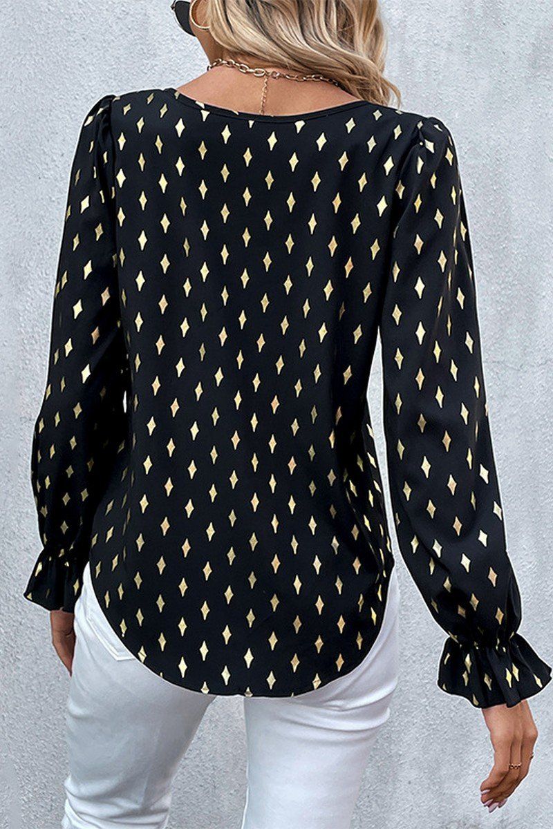 WOMEN BLACK DIAMOND PATTERN FLOUNCE CUFF BLOUSE