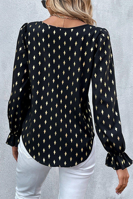 WOMEN BLACK DIAMOND PATTERN FLOUNCE CUFF BLOUSE