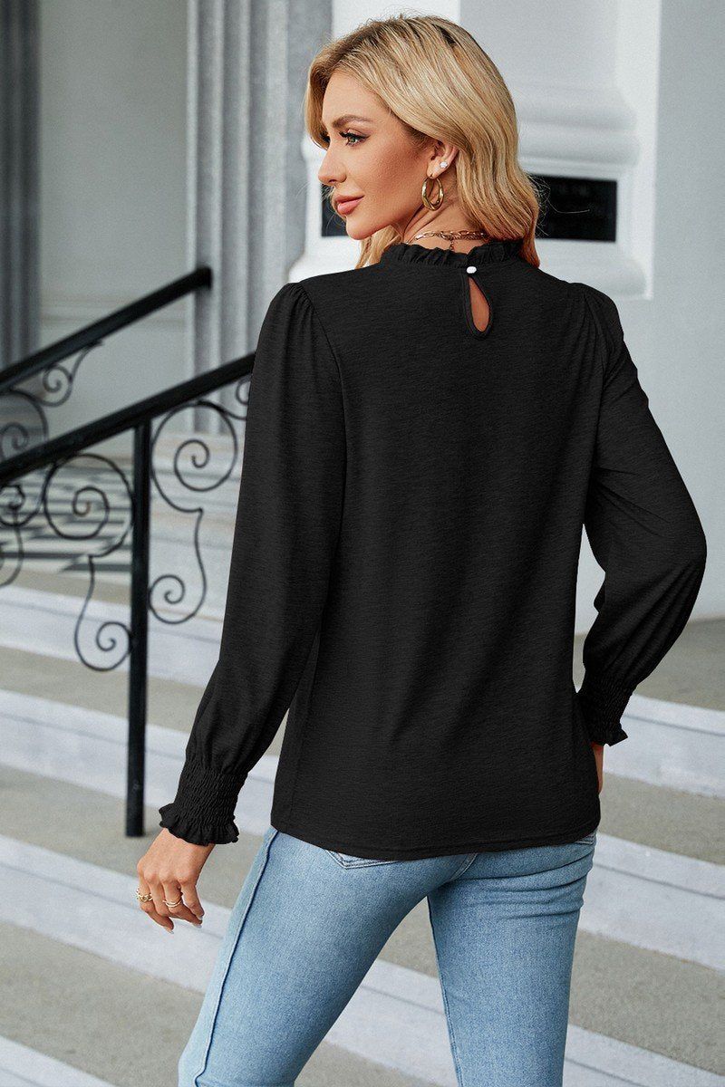 WOMEN FLOUNCE RUFFLE NECK SMOCKED CUFF BLOUSE