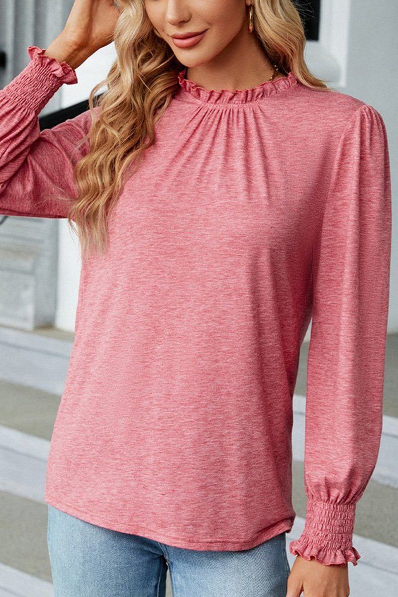 WOMEN FLOUNCE RUFFLE NECK SMOCKED CUFF BLOUSE