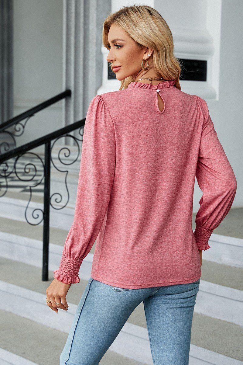 WOMEN FLOUNCE RUFFLE NECK SMOCKED CUFF BLOUSE