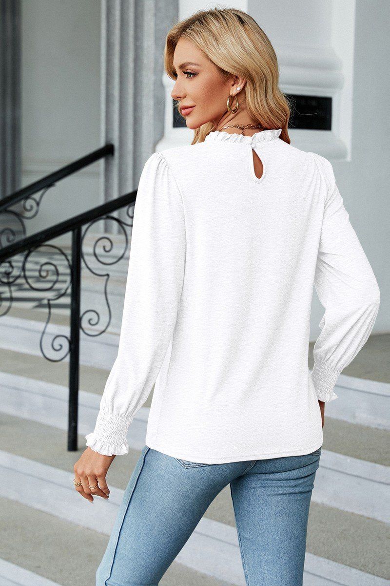 WOMEN FLOUNCE RUFFLE NECK SMOCKED CUFF BLOUSE