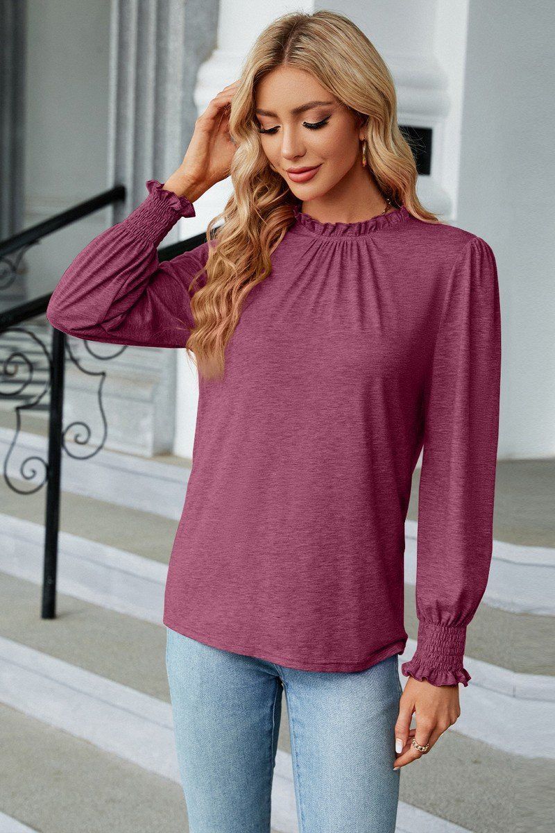 WOMEN FLOUNCE RUFFLE NECK SMOCKED CUFF BLOUSE