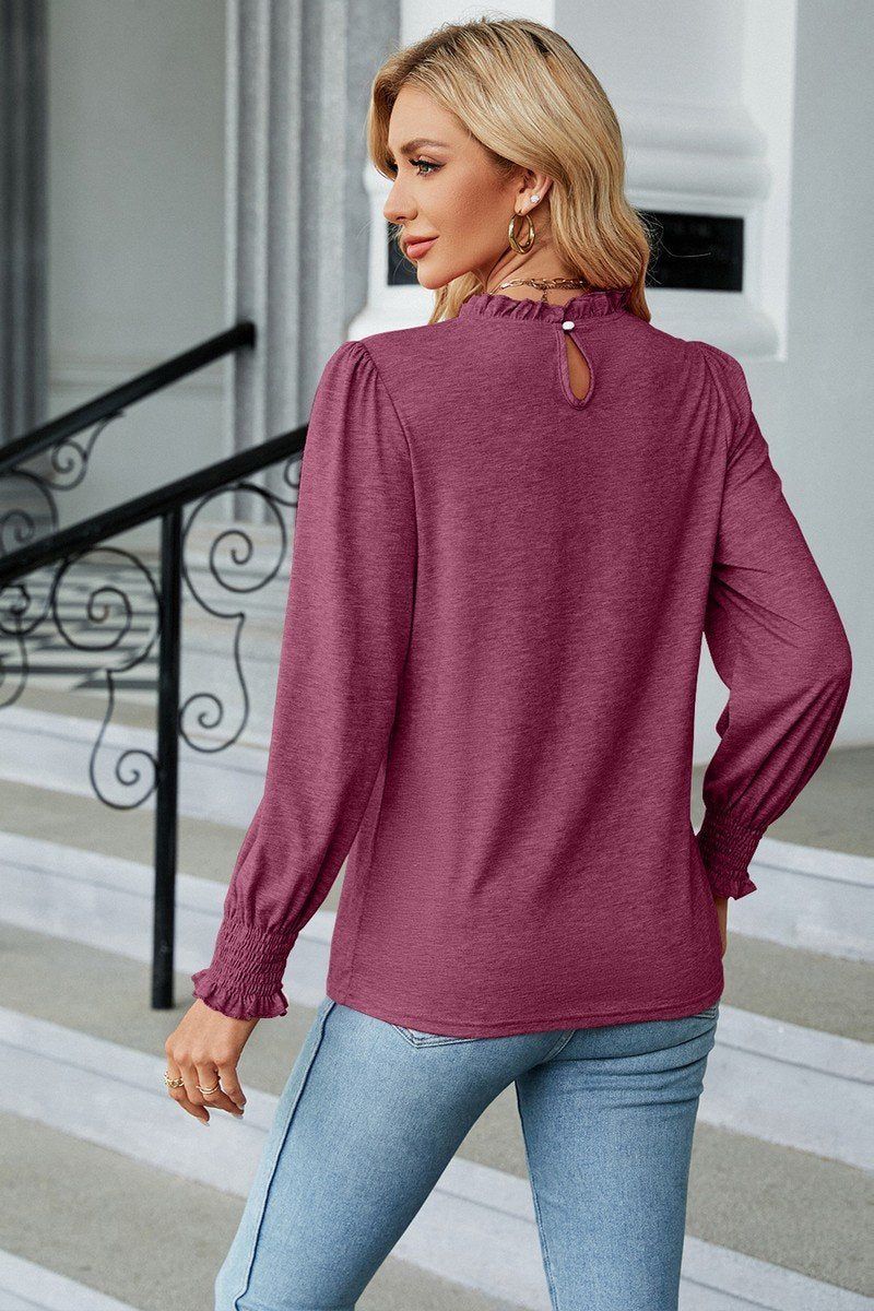 WOMEN FLOUNCE RUFFLE NECK SMOCKED CUFF BLOUSE
