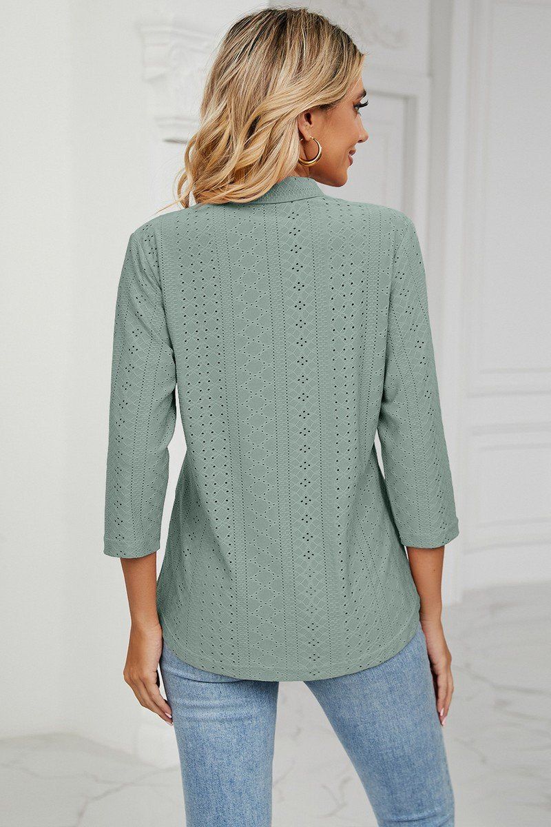 WOMEN EYELET COLLARED 3/4 SLEEVED BLOUSE TOP