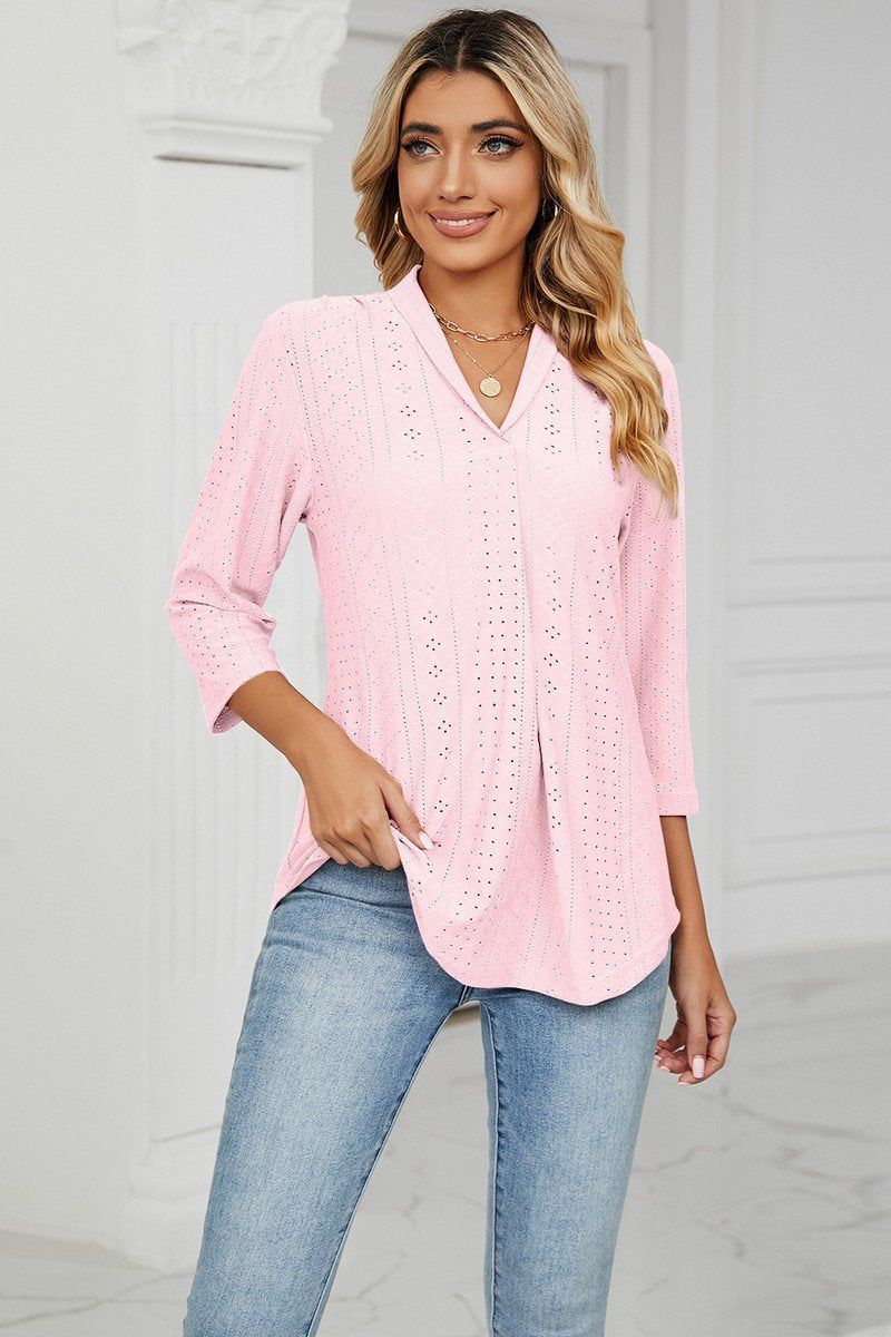 WOMEN EYELET COLLARED 3/4 SLEEVED BLOUSE TOP