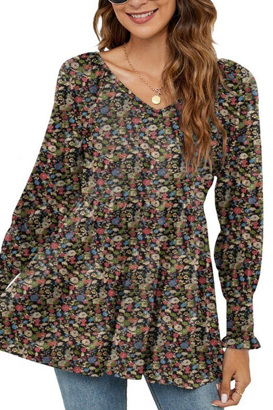 WOMEN LOOSE FIT FLORAL PATTERN RUFFLED TUNIC TOP