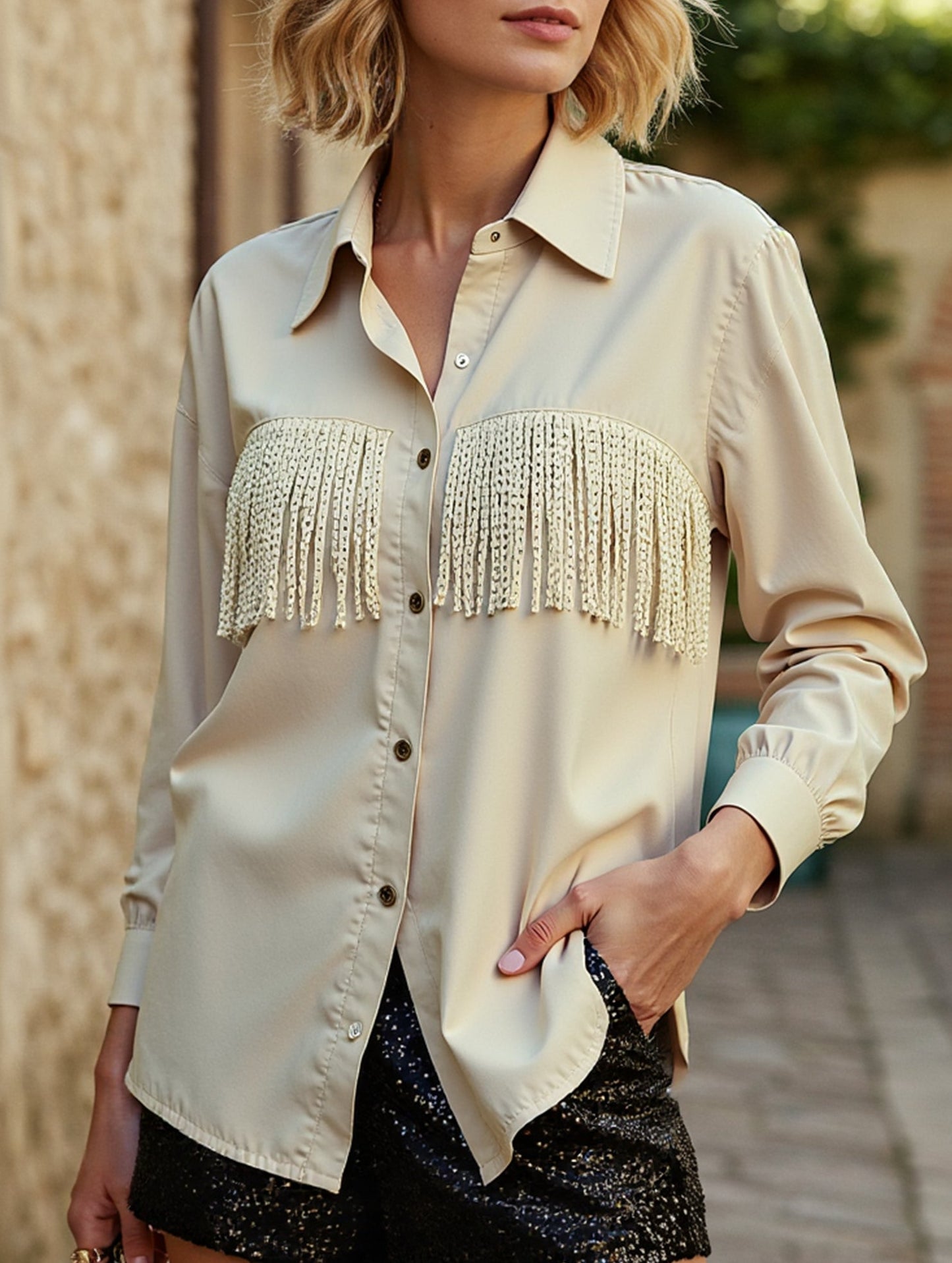 WOMEN TASSEL DETAILED BUTTON UP BLOUSE SHIRTS