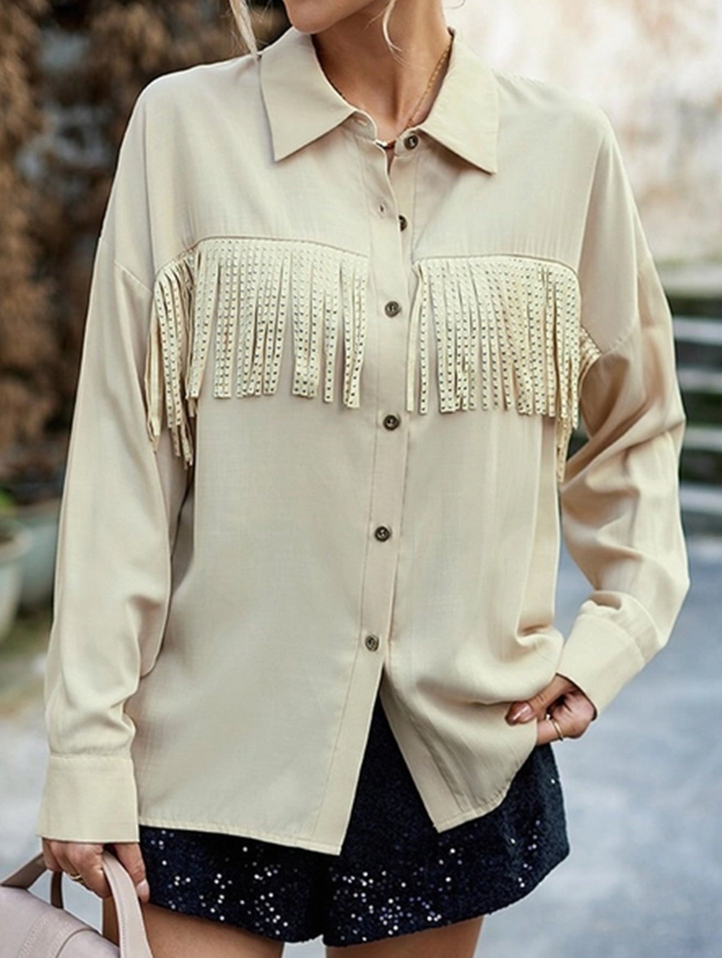 WOMEN TASSEL DETAILED BUTTON UP BLOUSE SHIRTS