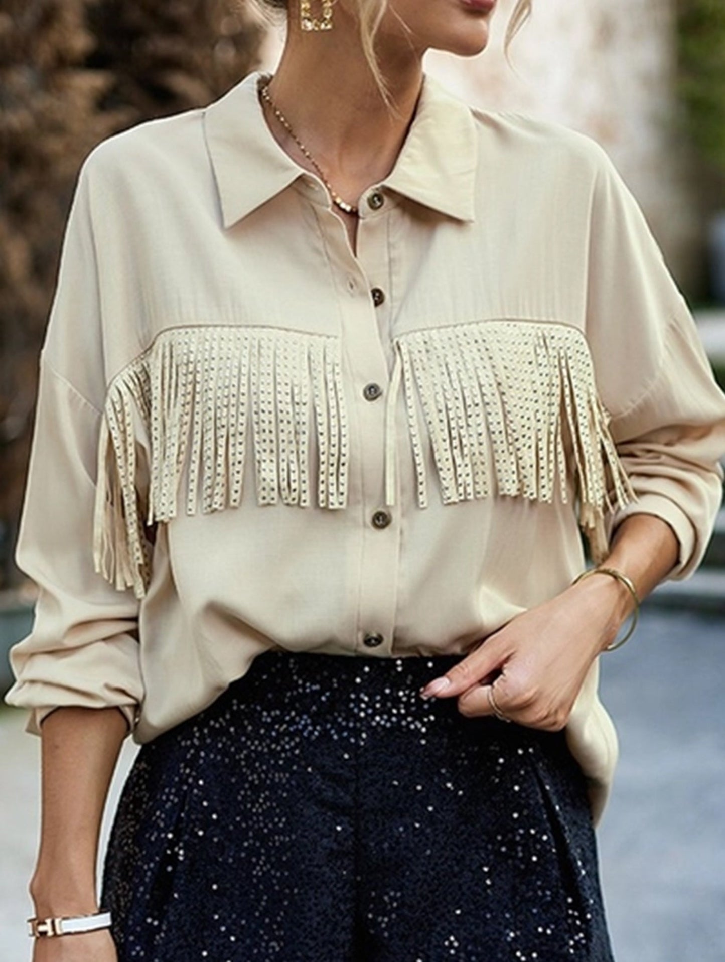 WOMEN TASSEL DETAILED BUTTON UP BLOUSE SHIRTS