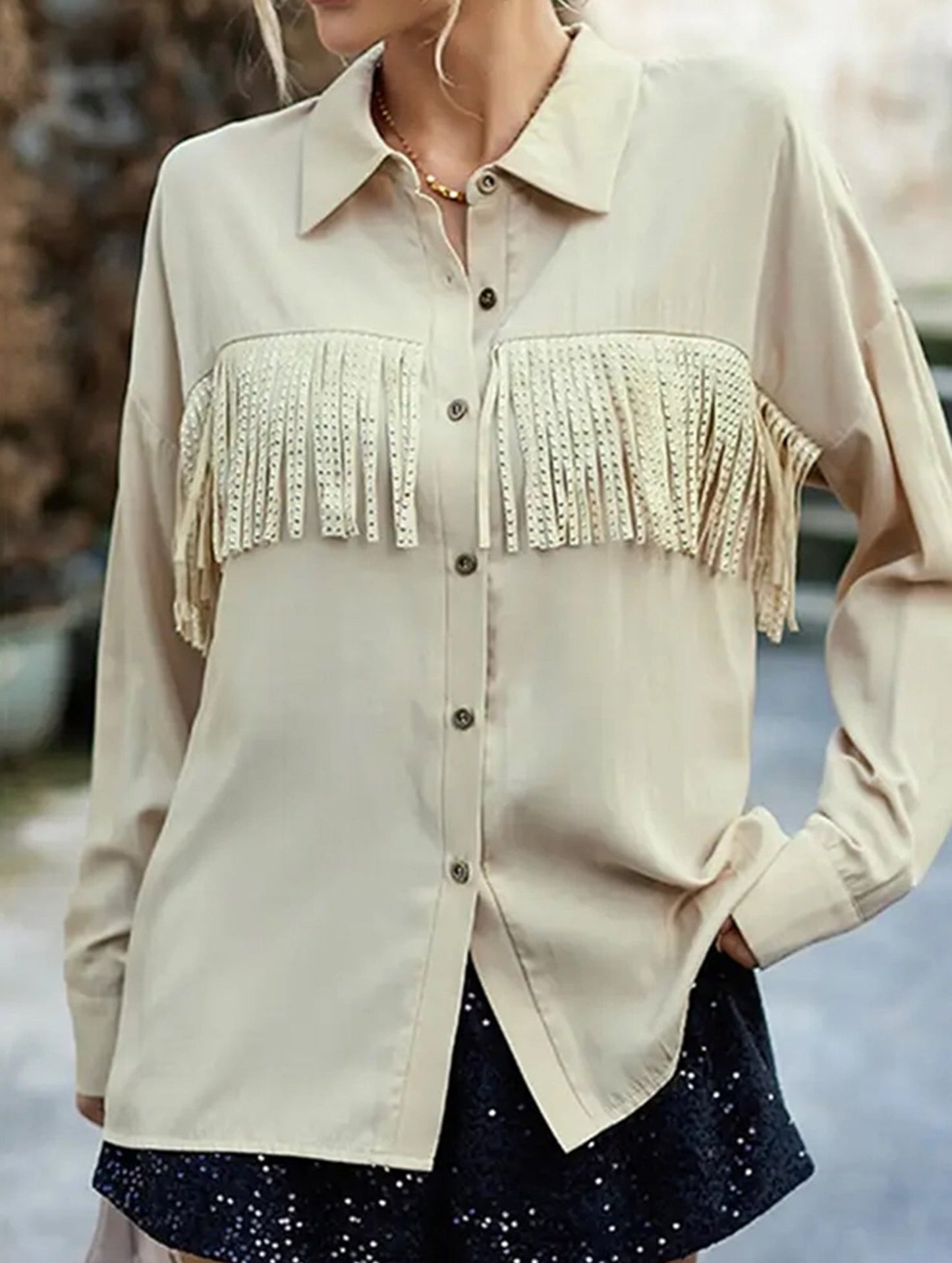 WOMEN TASSEL DETAILED BUTTON UP BLOUSE SHIRTS