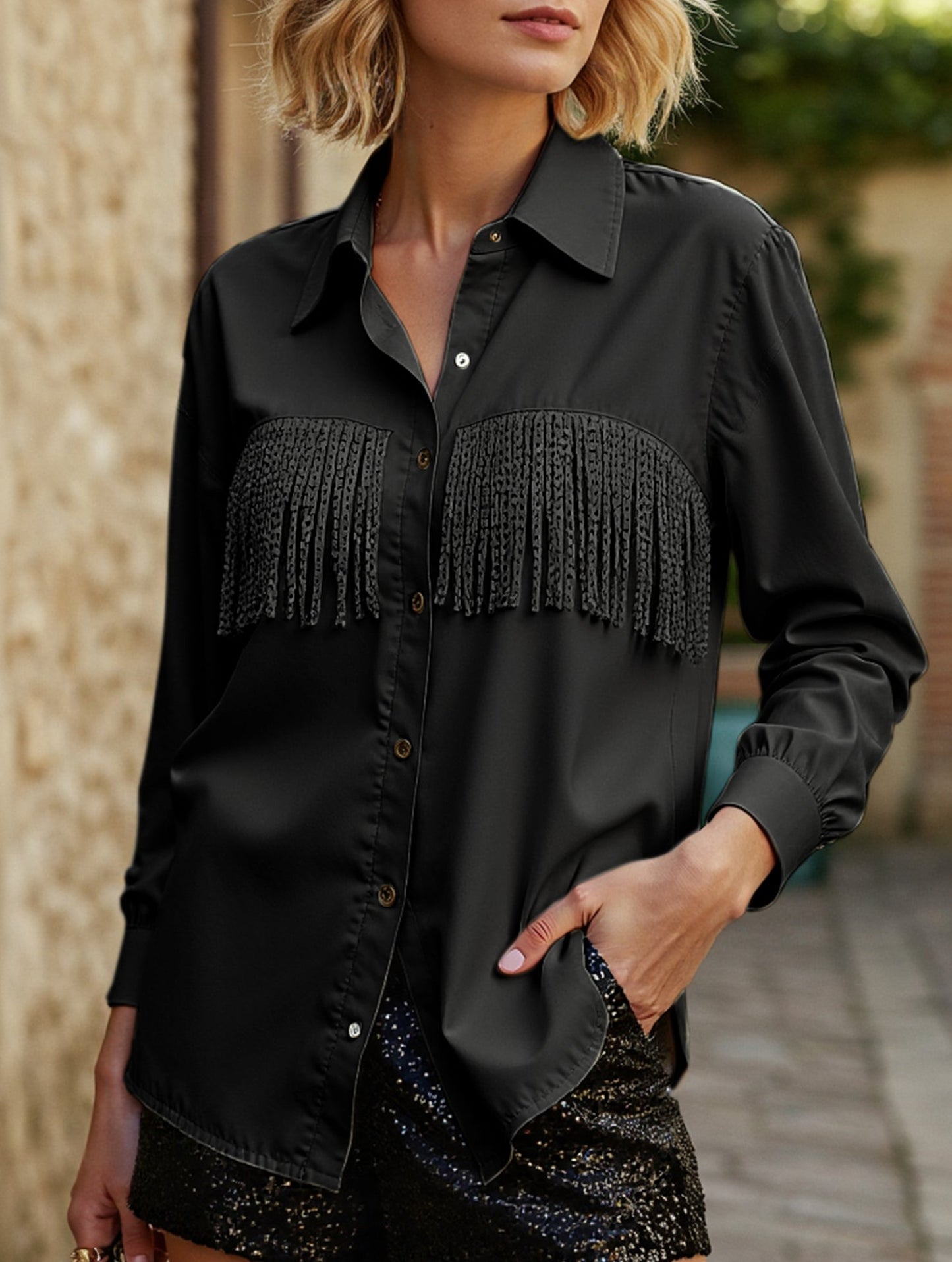 WOMEN TASSEL DETAILED BUTTON UP BLOUSE SHIRTS
