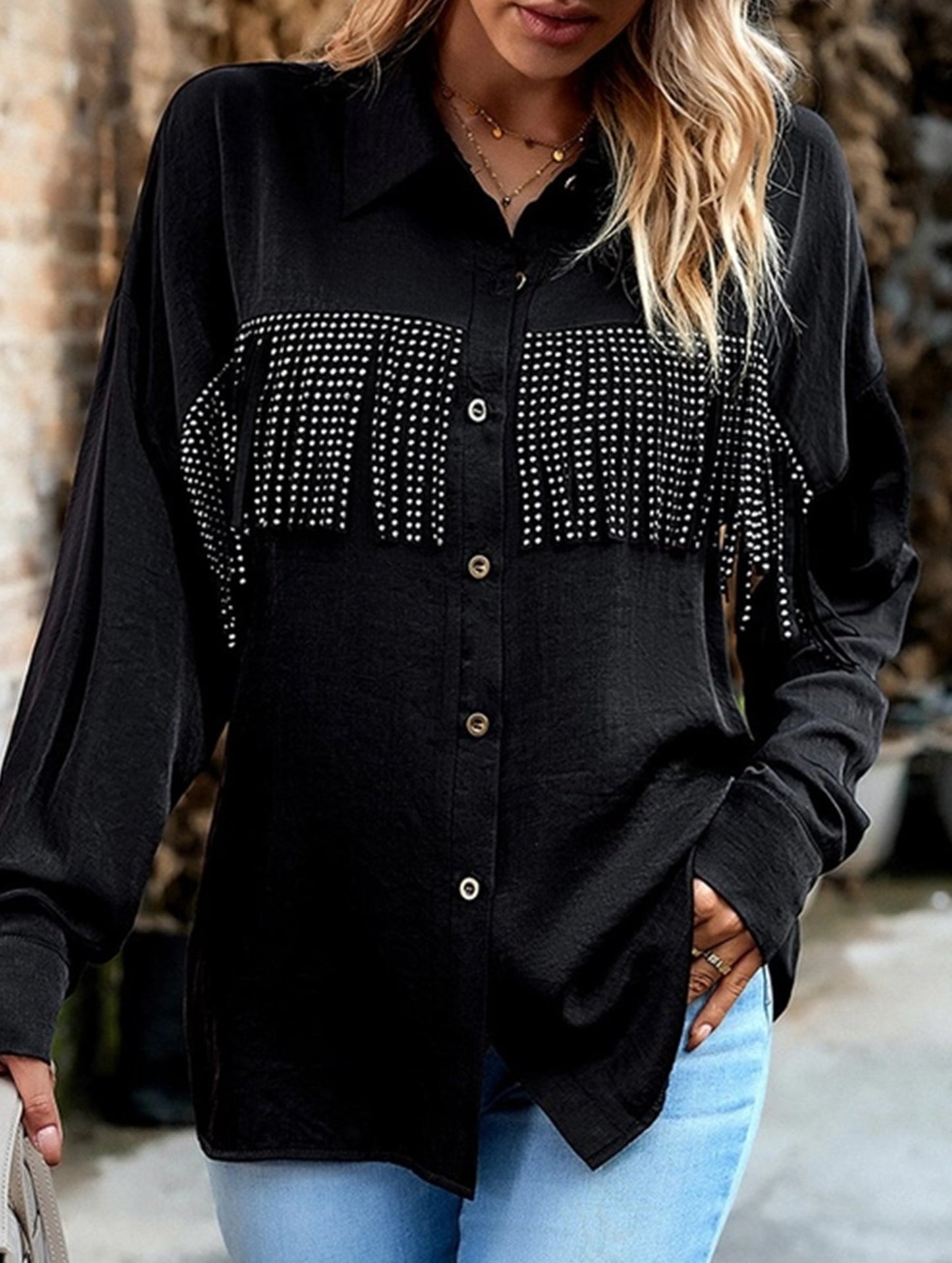 WOMEN TASSEL DETAILED BUTTON UP BLOUSE SHIRTS