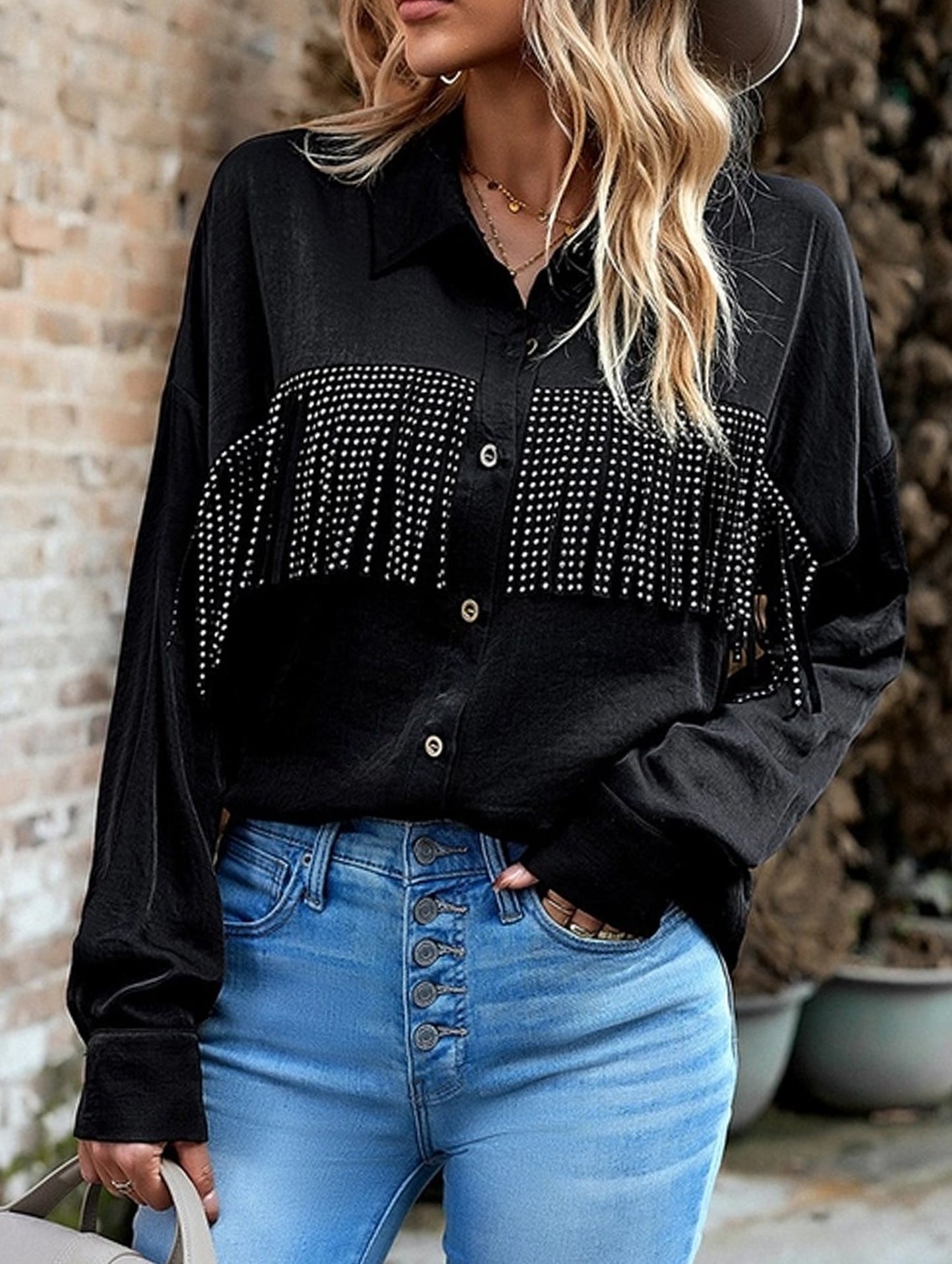 WOMEN TASSEL DETAILED BUTTON UP BLOUSE SHIRTS