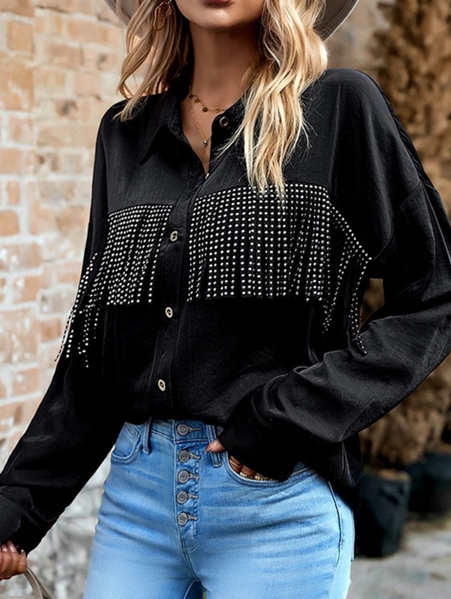 WOMEN TASSEL DETAILED BUTTON UP BLOUSE SHIRTS