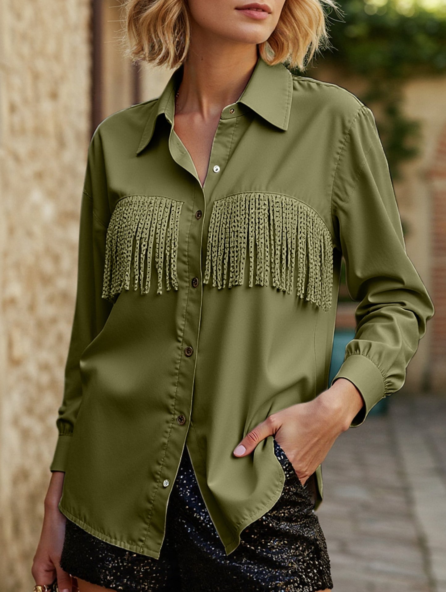 WOMEN TASSEL DETAILED BUTTON UP BLOUSE SHIRTS