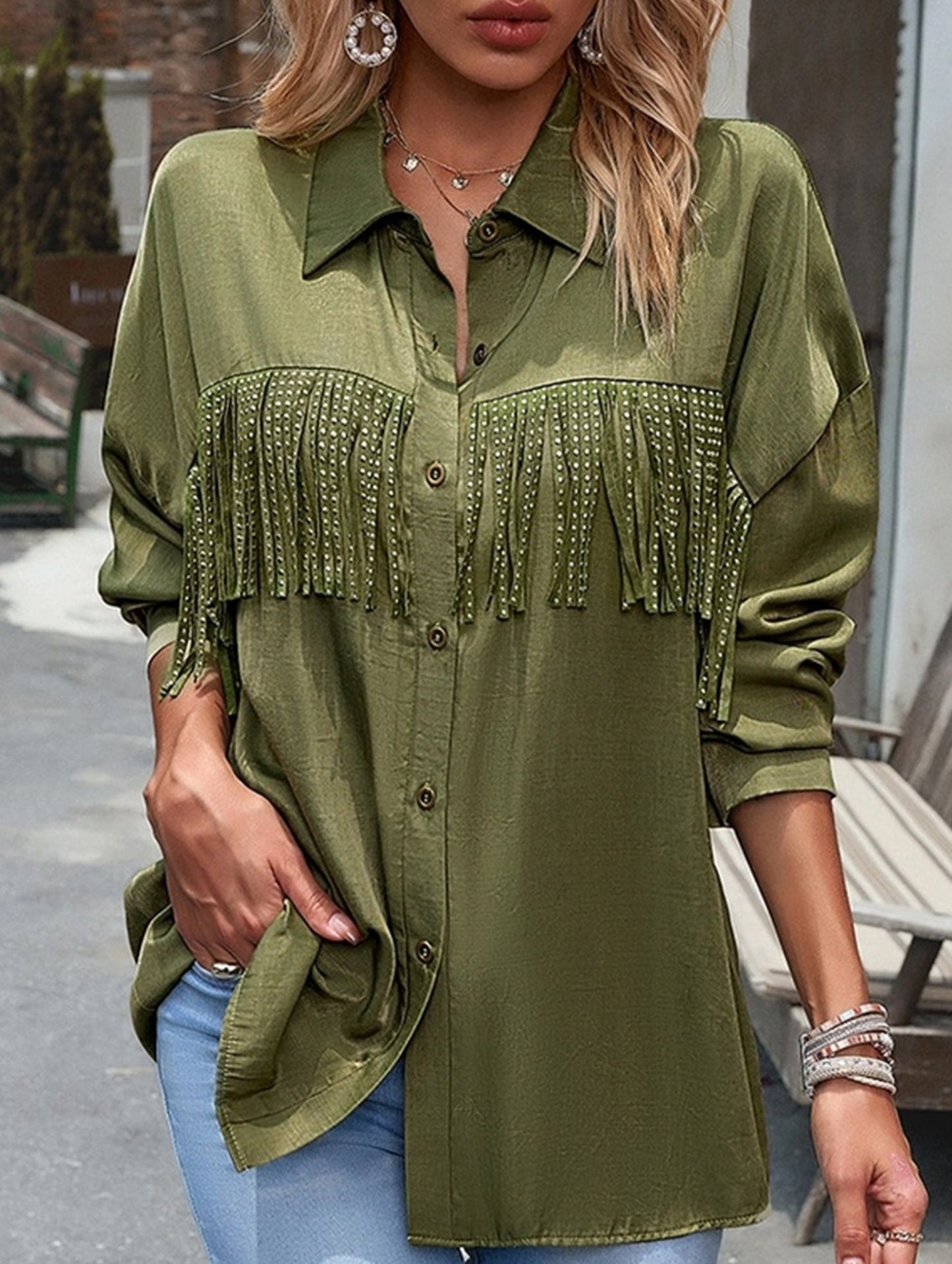 WOMEN TASSEL DETAILED BUTTON UP BLOUSE SHIRTS