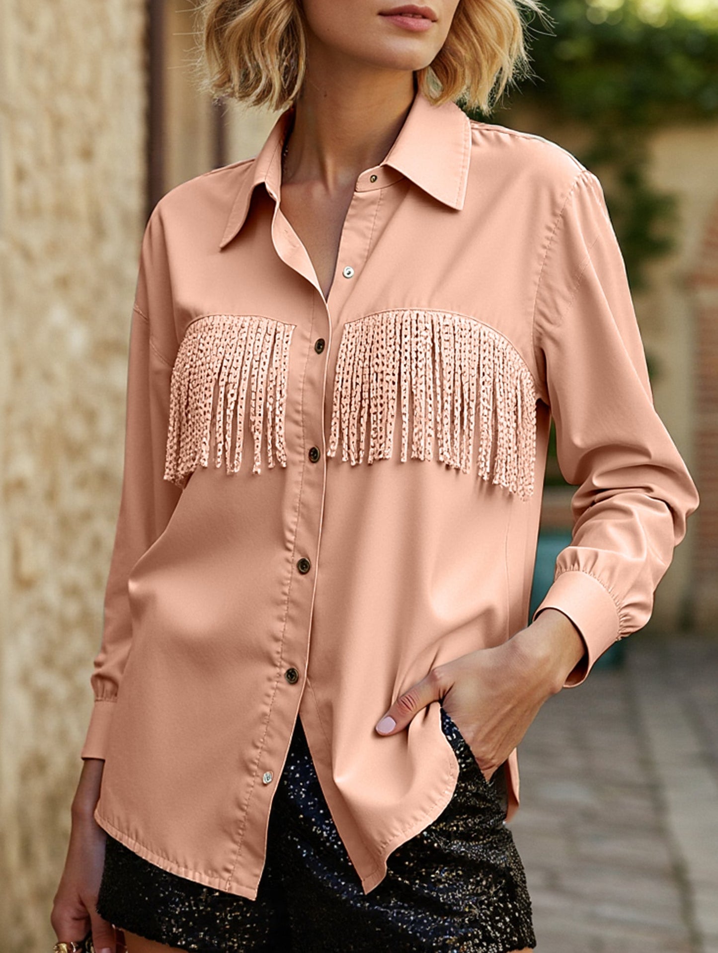 WOMEN TASSEL DETAILED BUTTON UP BLOUSE SHIRTS