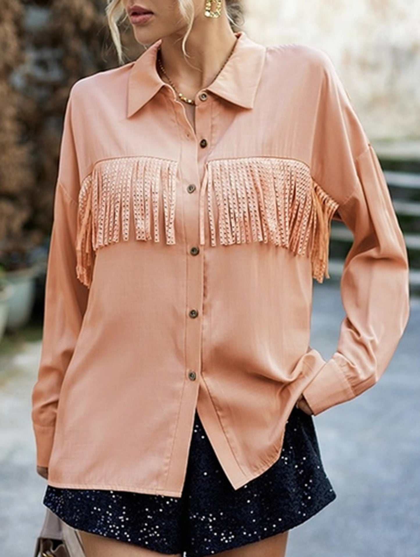 WOMEN TASSEL DETAILED BUTTON UP BLOUSE SHIRTS