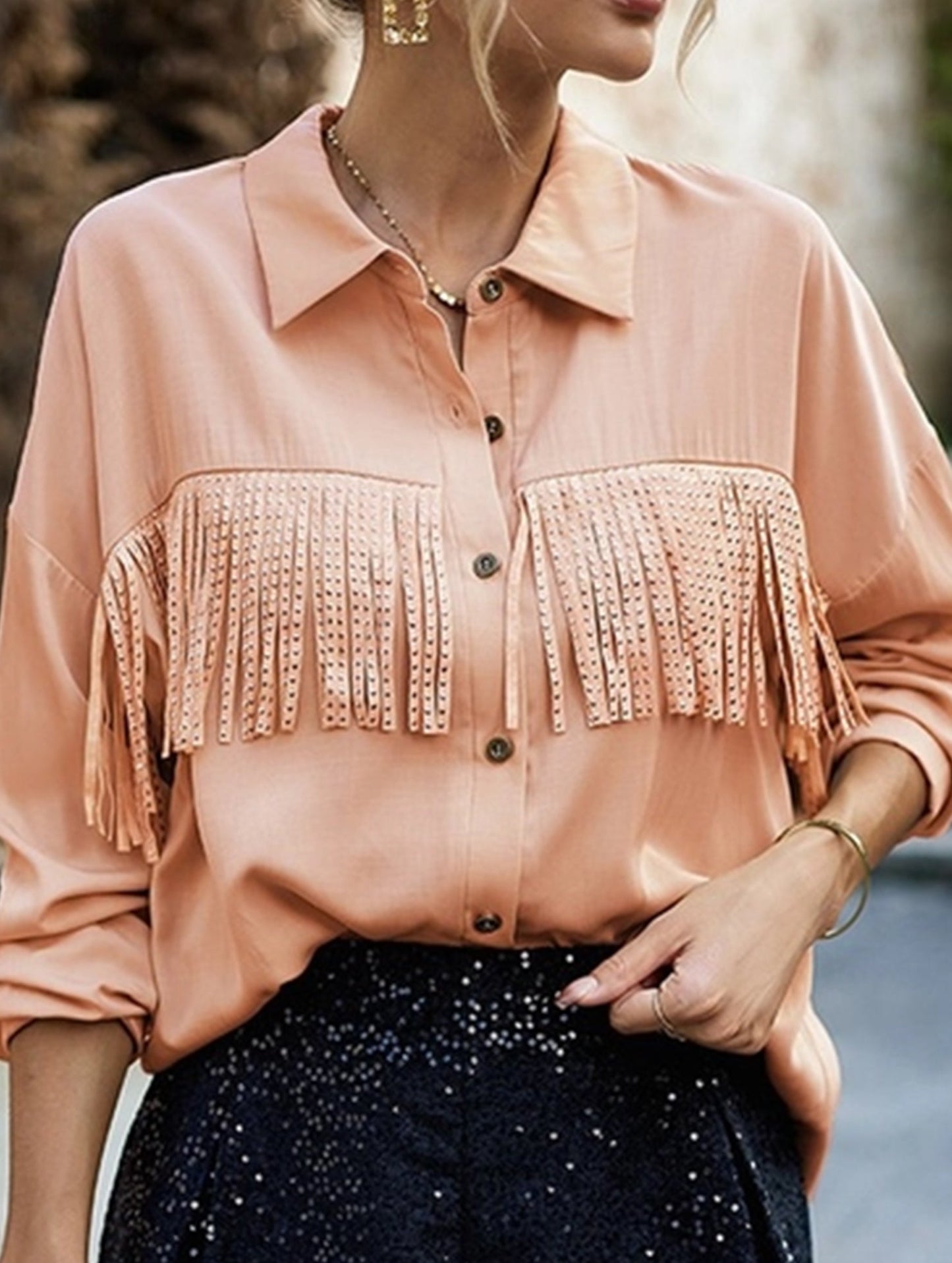 WOMEN TASSEL DETAILED BUTTON UP BLOUSE SHIRTS