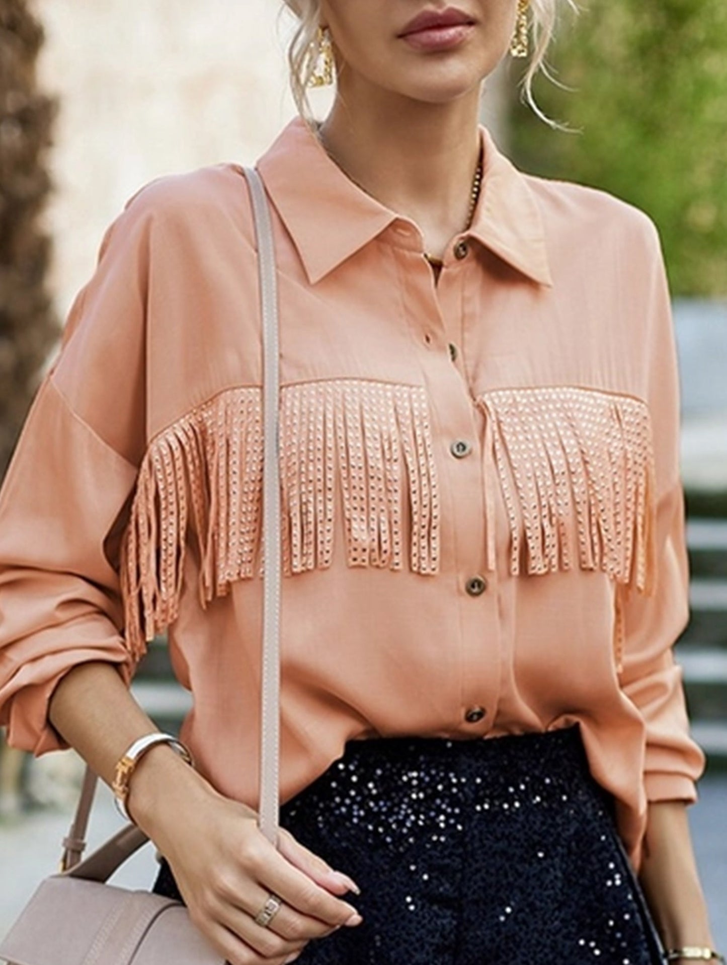 WOMEN TASSEL DETAILED BUTTON UP BLOUSE SHIRTS