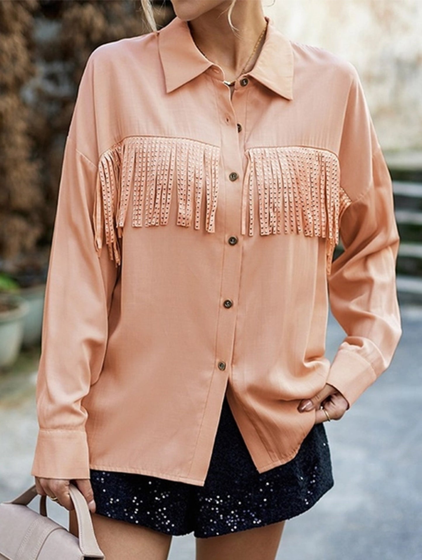 WOMEN TASSEL DETAILED BUTTON UP BLOUSE SHIRTS