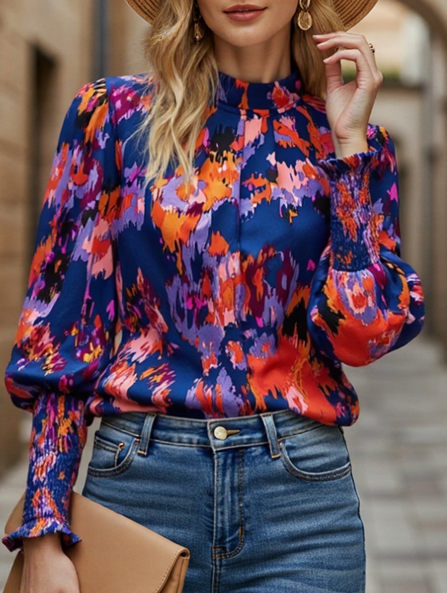 WOMEN FITTED SMOCK CUFF MARBLE PRINTING BLOUSE