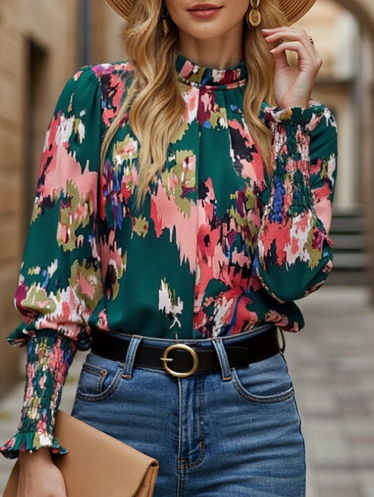 WOMEN FITTED SMOCK CUFF MARBLE PRINTING BLOUSE