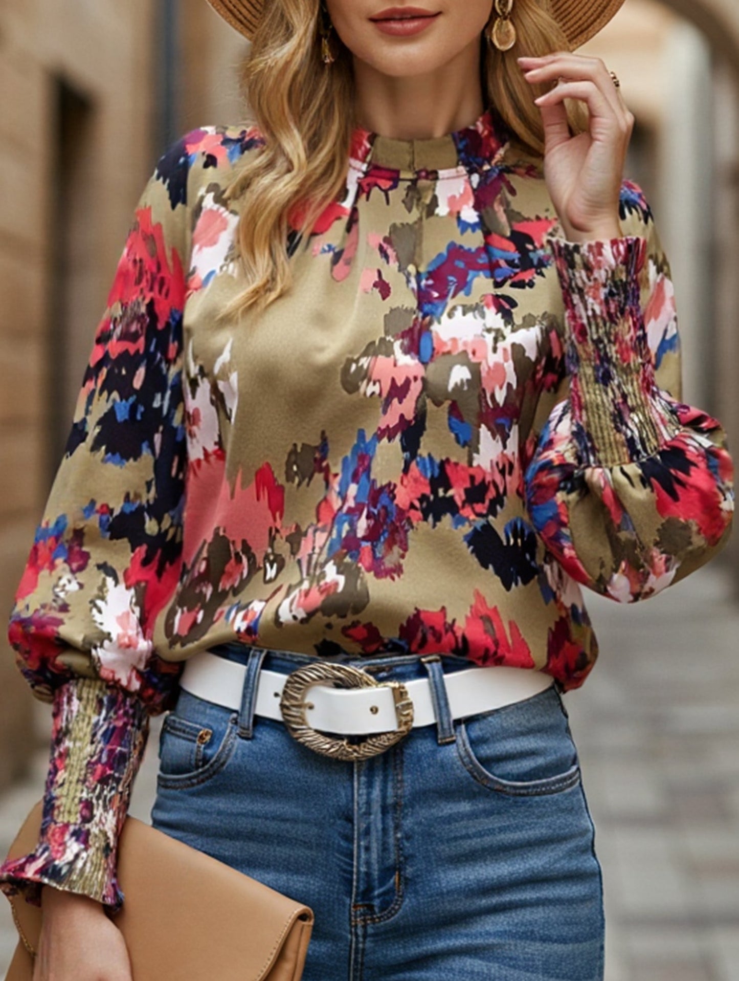 WOMEN FITTED SMOCK CUFF MARBLE PRINTING BLOUSE