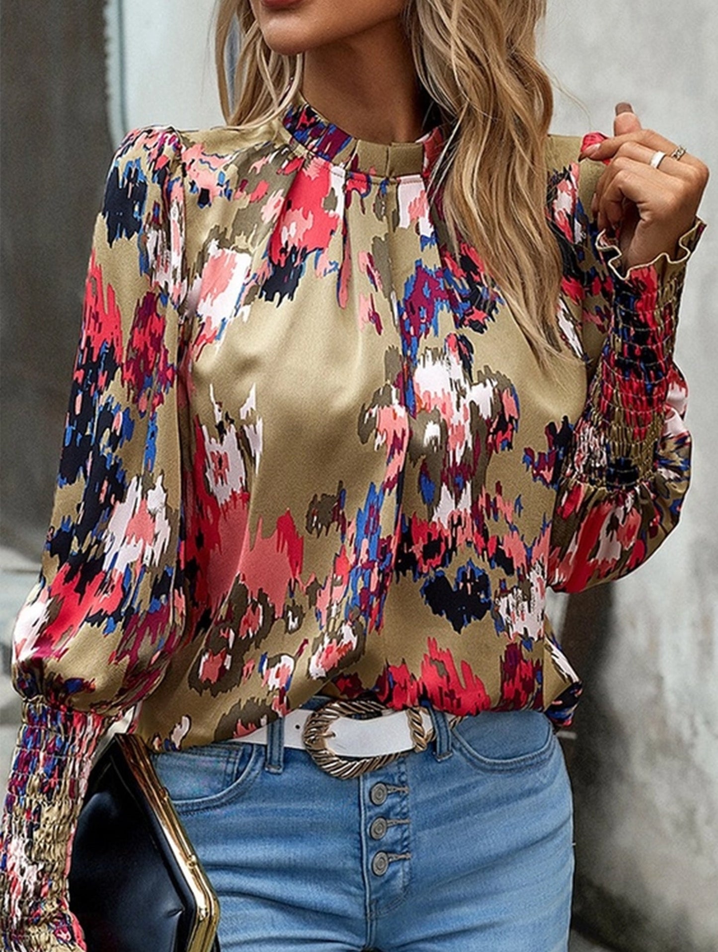 WOMEN FITTED SMOCK CUFF MARBLE PRINTING BLOUSE